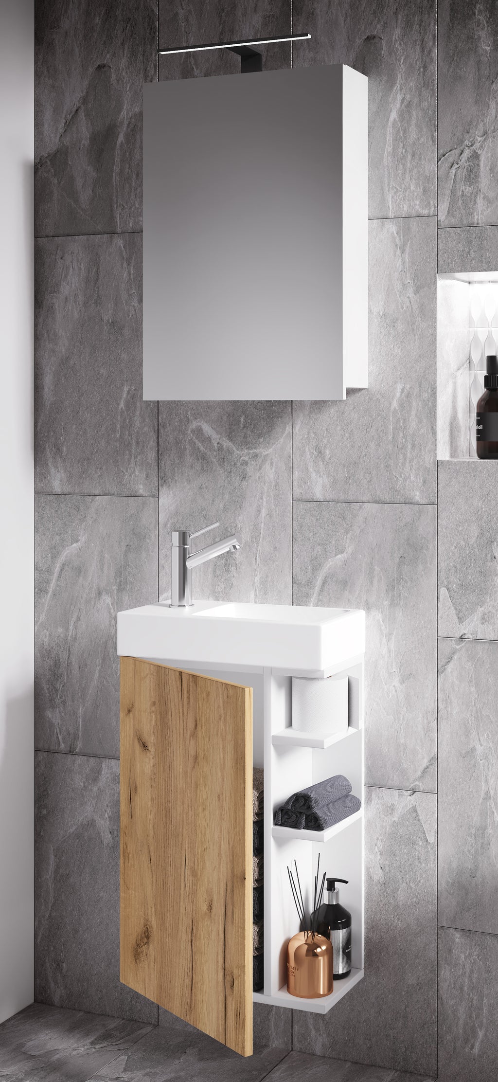 3-Osainen Pesuallassetti Lumia Peilikaapilla, puu / valkoinen