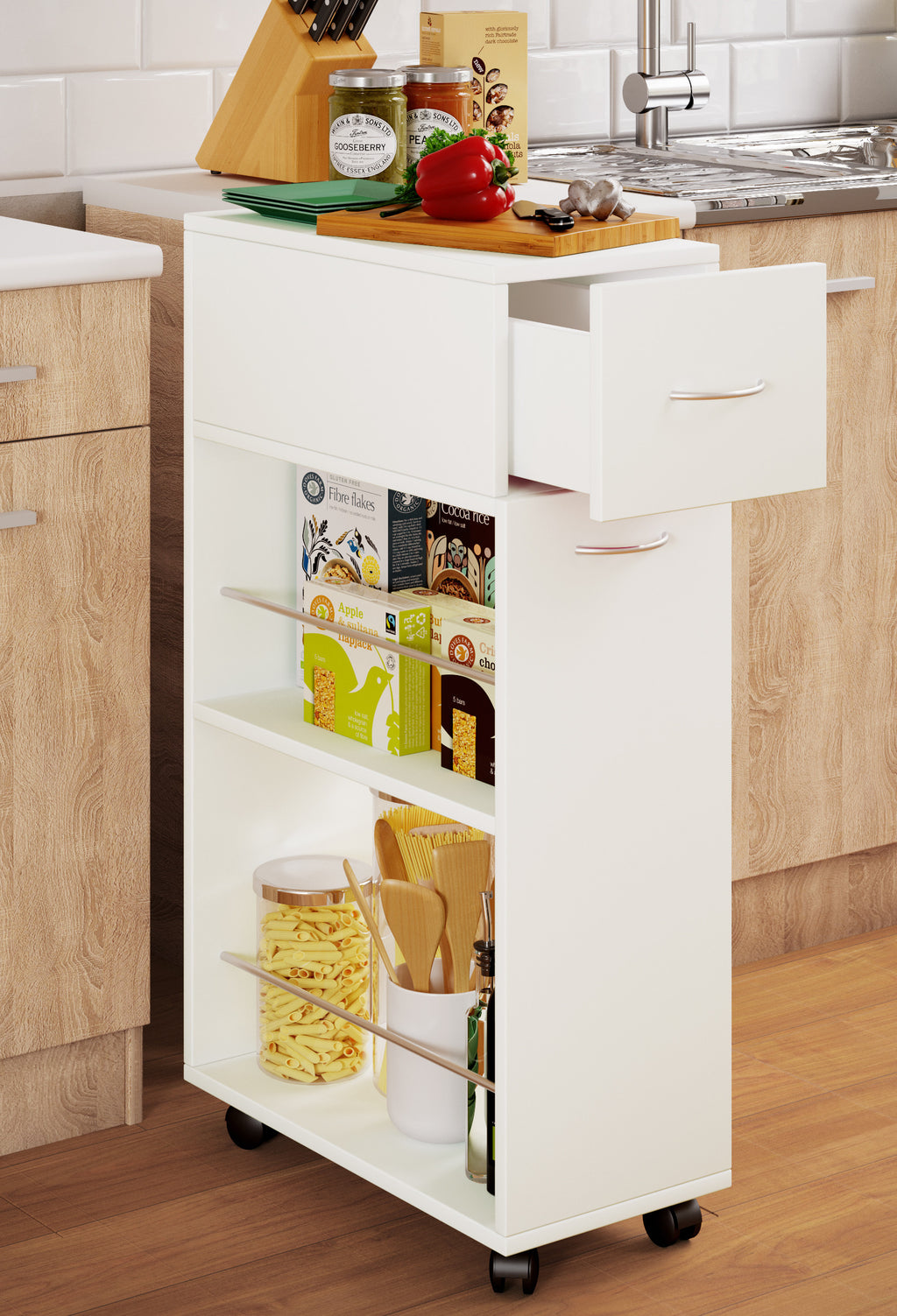 Keittiövaunu Tusal Vetolaatikolla, valkoinen