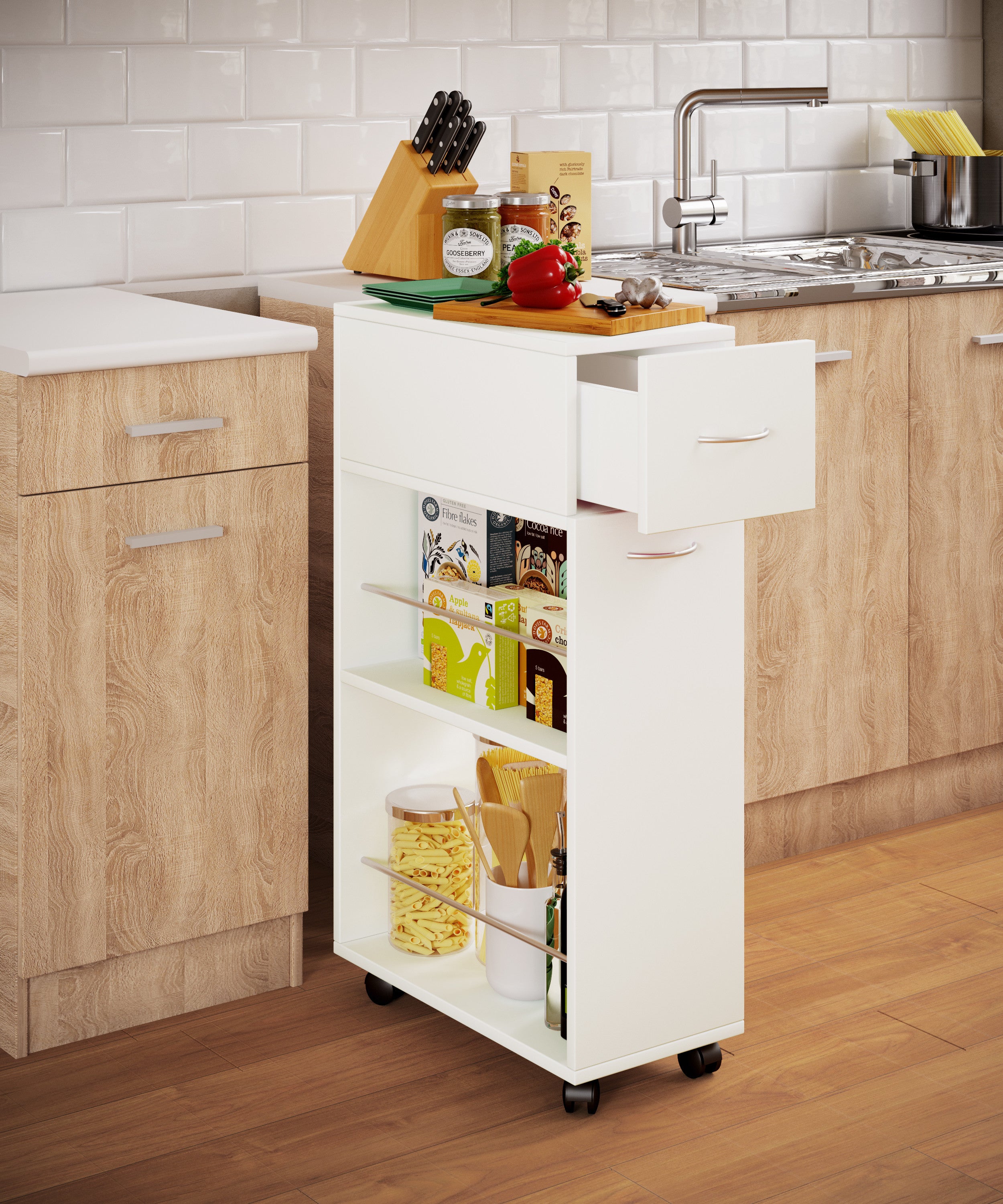 Keittiövaunu Tusal Vetolaatikolla, valkoinen