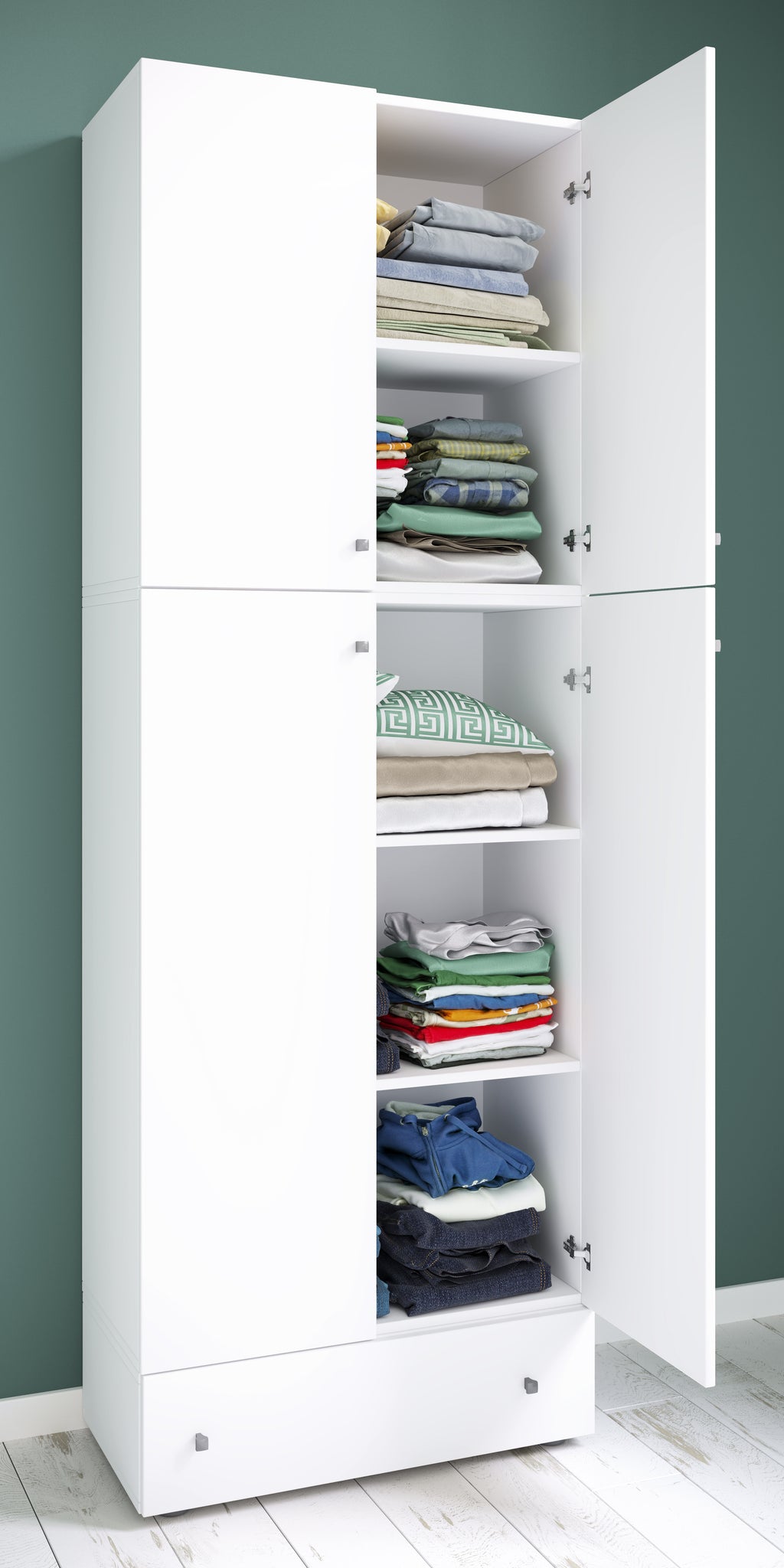 Vaatekaappi Lona XXL Saranaovilla Vetolaatikolla, valkoinen