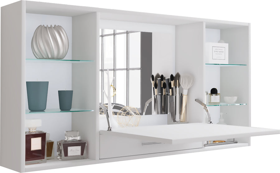 Vägghylla med spegel – mångsidig sminkbord och arbetsstation, 115 cm