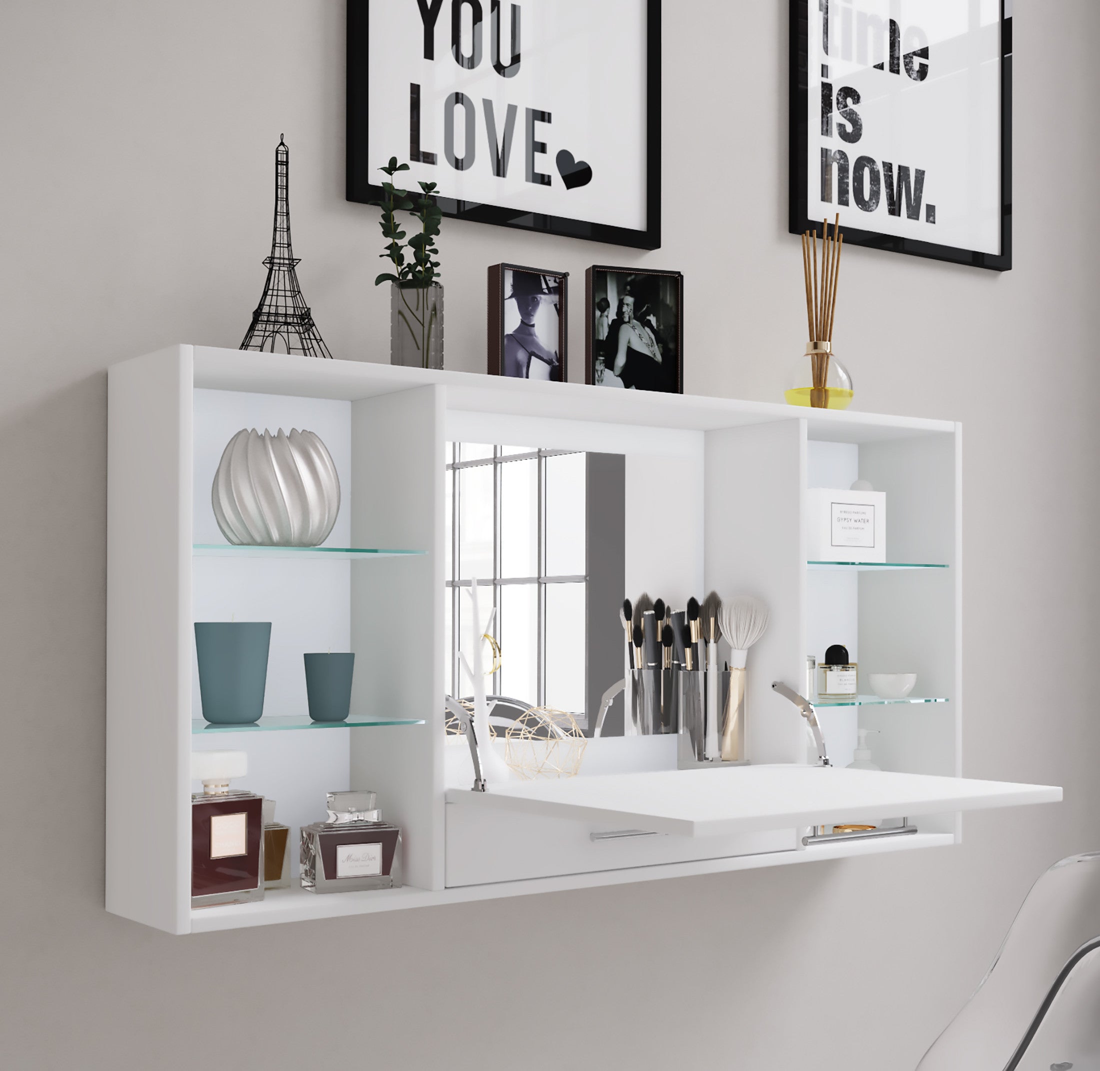 Seinähylly peilillä – monikäyttöinen meikkipöytä ja työpiste, 115 cm