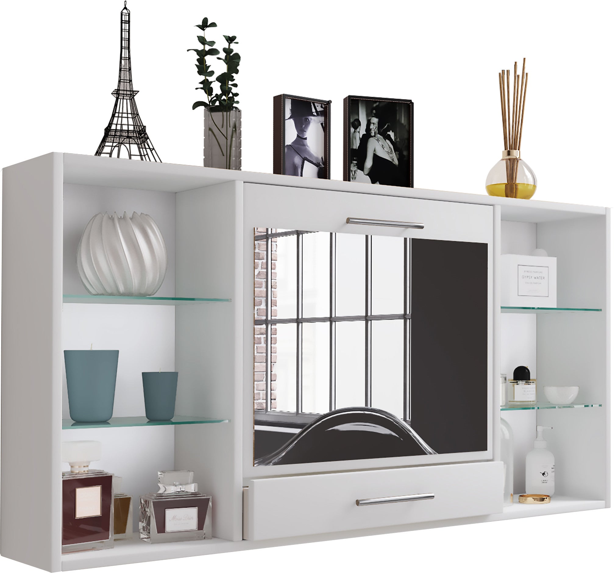 Seinähylly peilillä – monikäyttöinen meikkipöytä ja työpiste, 115 cm