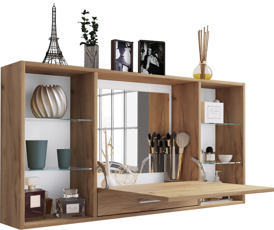 Vägghylla med spegel – multifunktionellt sminkbord och arbetsstation, 115 cm, trä