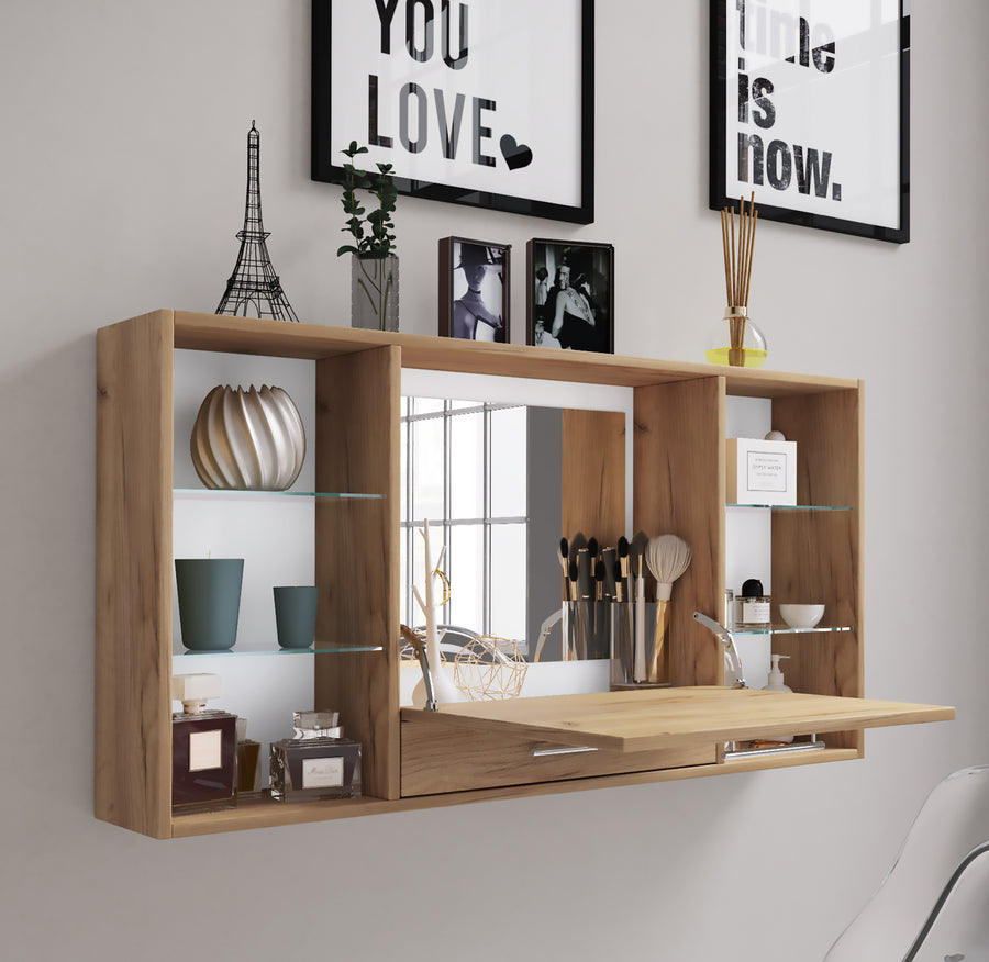 Vägghylla med spegel – multifunktionellt sminkbord och arbetsstation, 115 cm, trä