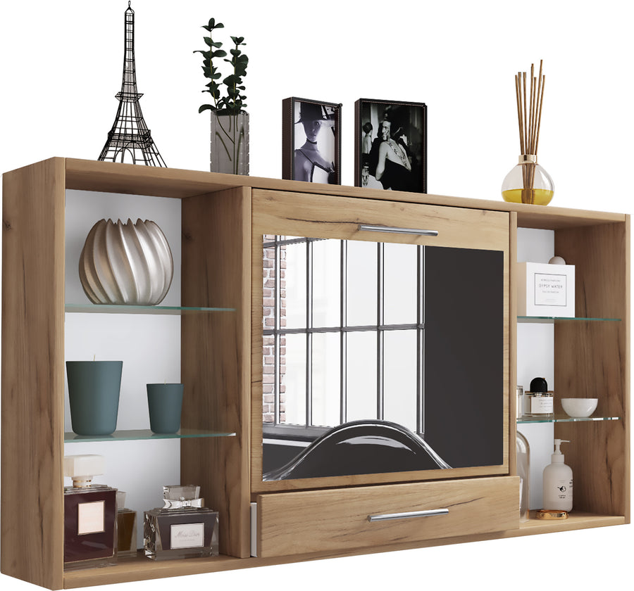 Vägghylla med spegel – multifunktionellt sminkbord och arbetsstation, 115 cm, trä
