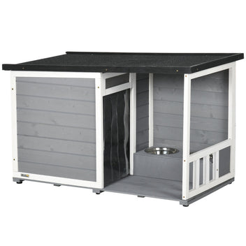 Hundkoja i massivt trä, 2 matskålar, Veranda, Väderbeständig, 103 x 62 x 66 cm, grå + vit