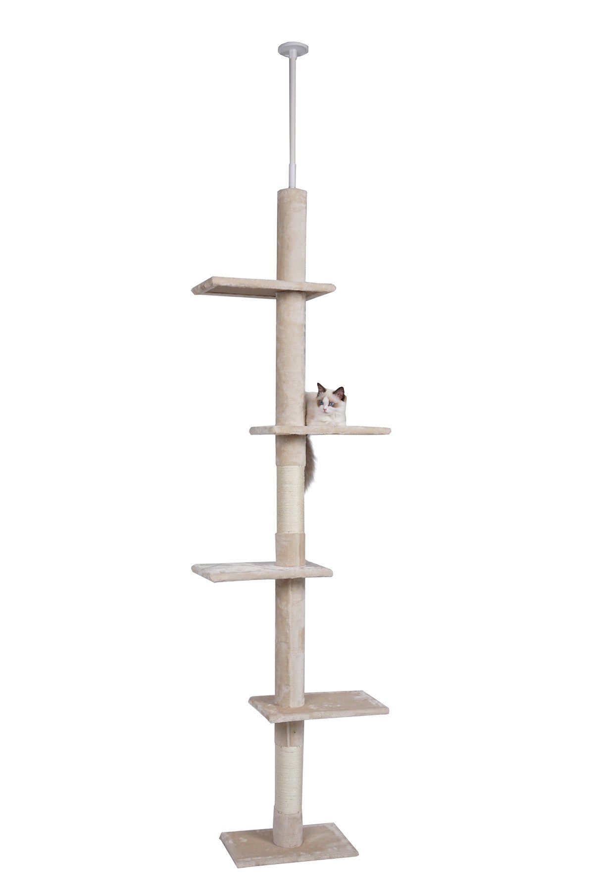 Kissan raapimispuu 229–275 cm – kattotuki, 4 tasoa, sisalpinnat, beige