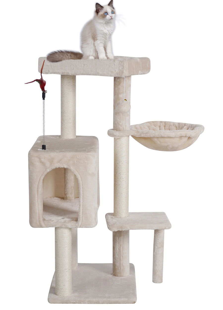 Kissan raapimispuu 90 cm – riippumatto, piiloluola, beige
