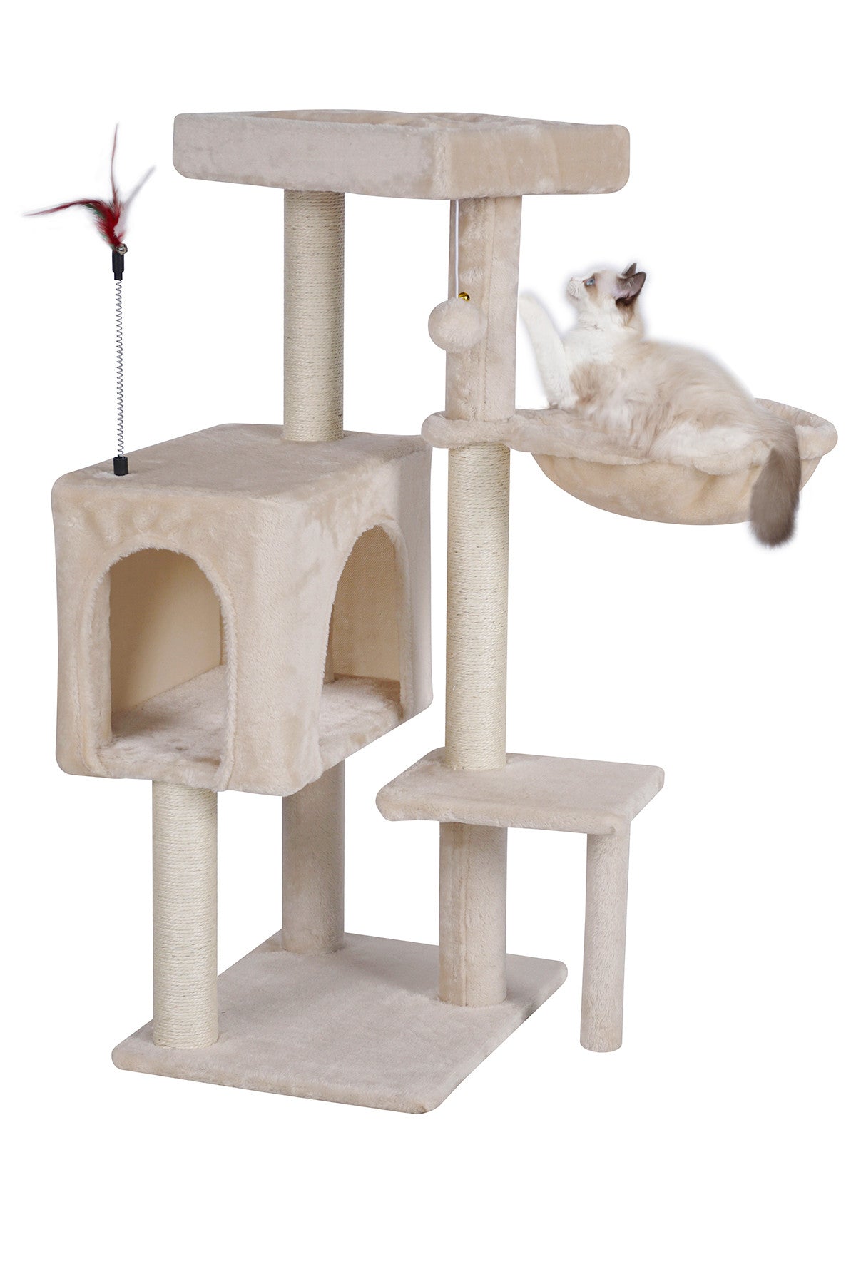 Kissan raapimispuu 90 cm – riippumatto, piiloluola, beige
