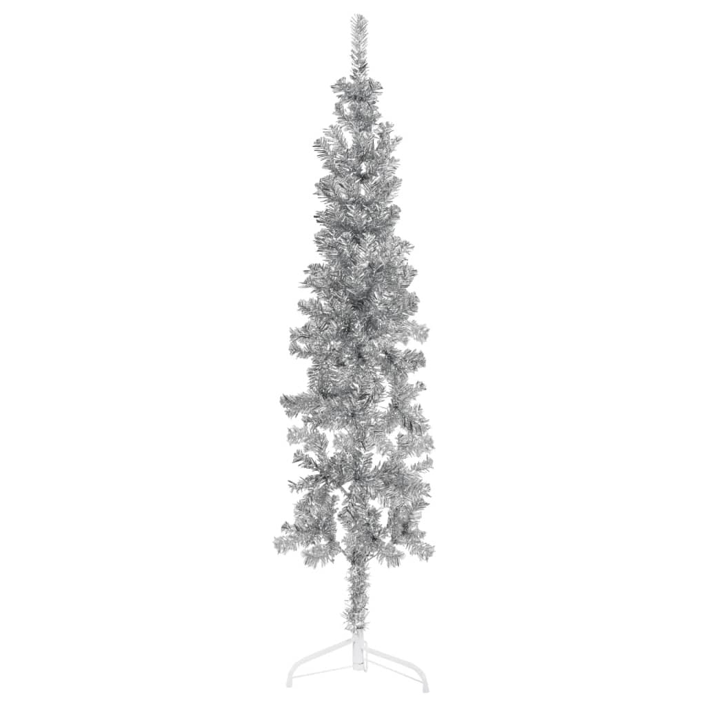 Smal halvkonstgjord julgran på stativ, silver, 150 cm