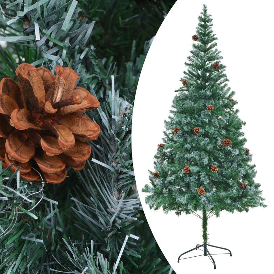 Förbelysad julgran med julgranskulor och kottar 210 cm