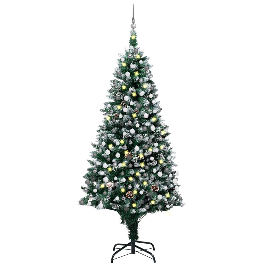 Förbelysad julgran med julgranskulor och kottar 210 cm