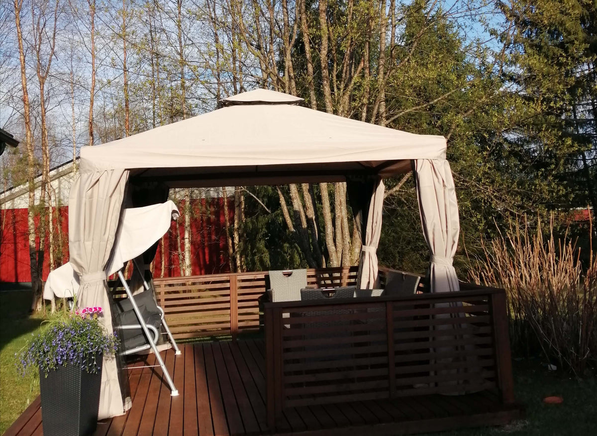 Trädgårdspaviljong 3 x 3 m – aluminiumram, myggnät, PVC-tak, ljusbeige