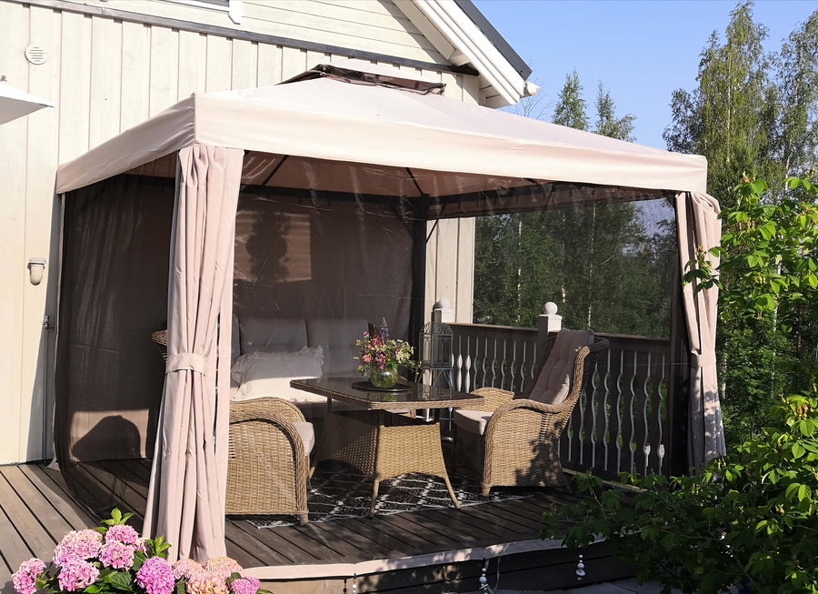 Pihapaviljonki 3 x 3 m – alumiinirunko, hyttysverkko, PVC-katto, vaalea beige