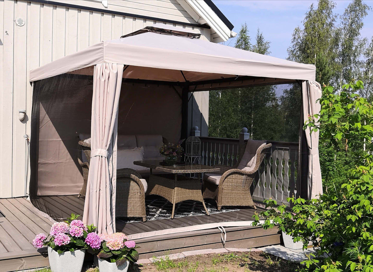 Trädgårdspaviljong 3 x 3 m – aluminiumram, myggnät, PVC-tak, ljusbeige