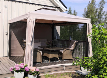 Trädgårdspaviljong 3 x 3 m – aluminiumram, myggnät, PVC-tak, ljusbeige