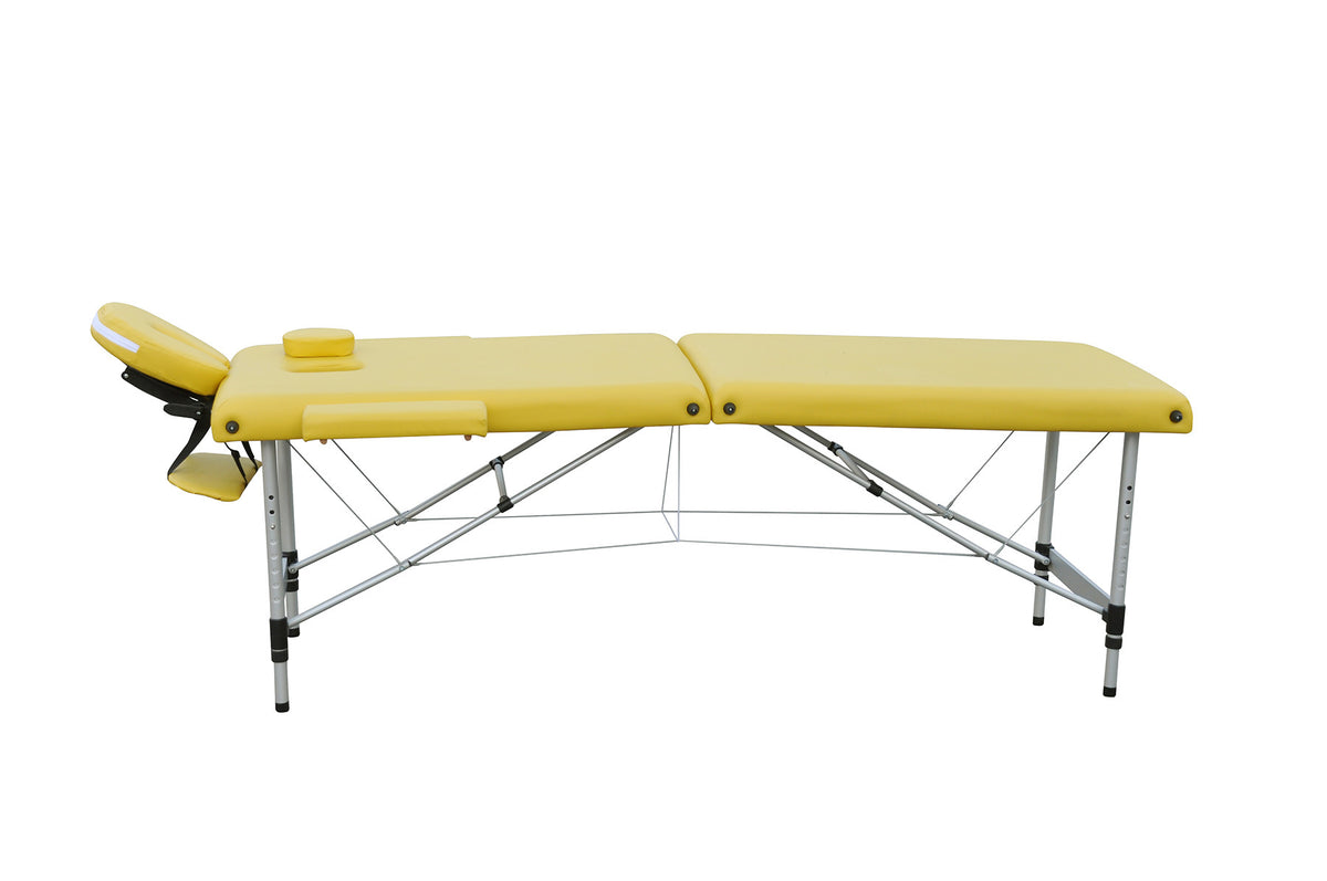 Massagebänk 195 x 70 cm – 2 zoner, aluminiumram, 225 kg bärkraft, gul