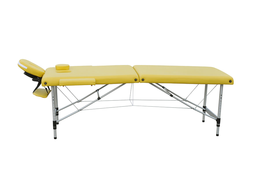Massagebänk 195 x 70 cm – 2 zoner, aluminiumram, 225 kg bärkraft, gul