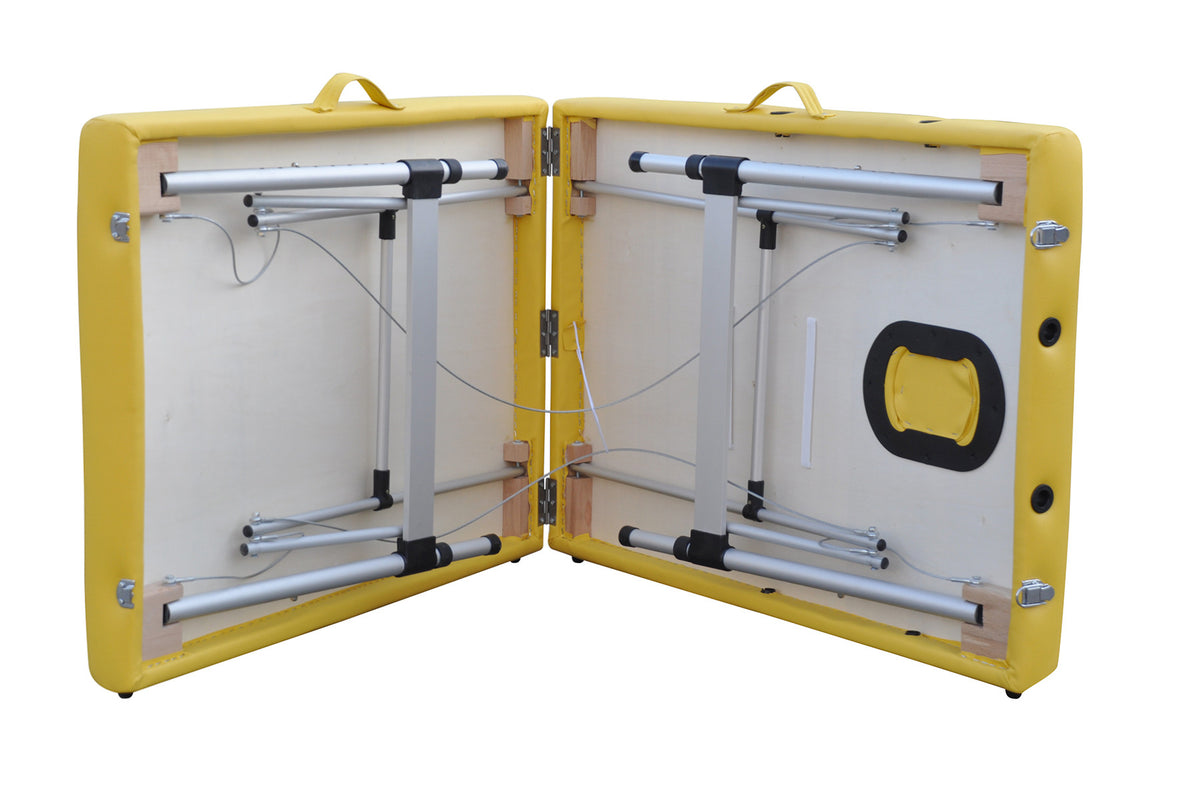 Massagebänk 195 x 70 cm – 2 zoner, aluminiumram, 225 kg bärkraft, gul