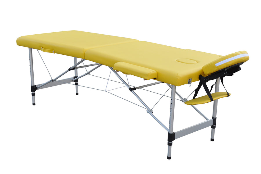 Massagebänk 195 x 70 cm – 2 zoner, aluminiumram, 225 kg bärkraft, gul