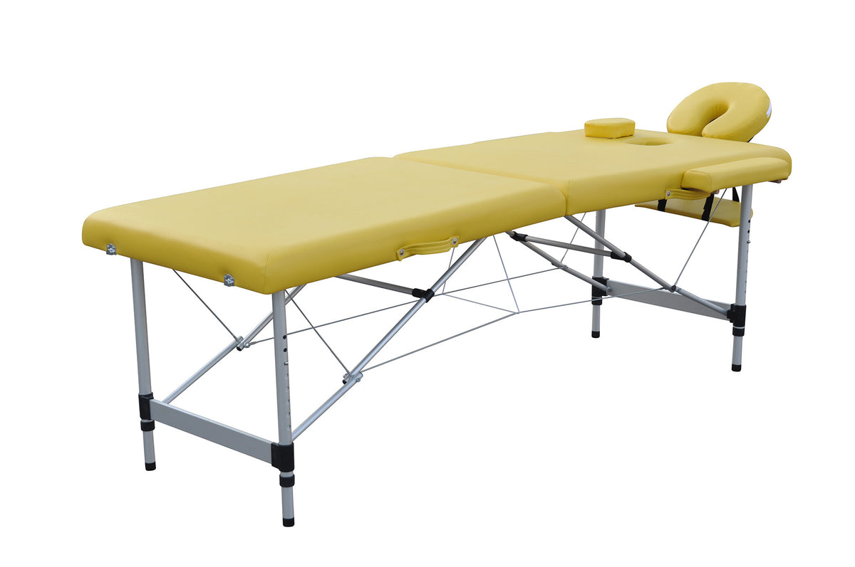 Massagebänk 195 x 70 cm – 2 zoner, aluminiumram, 225 kg bärkraft, gul