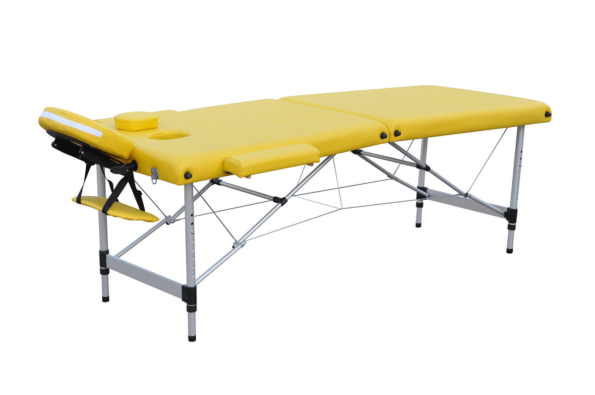 Massagebänk 195 x 70 cm – 2 zoner, aluminiumram, 225 kg bärkraft, gul