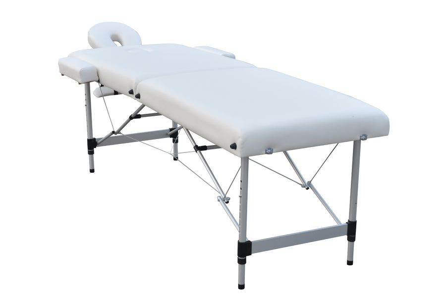 Massagebänk 195 x 70 cm, vit – aluminiumram, 250 kg, 7 cm stoppning
