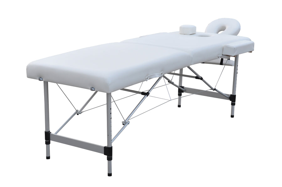 Massagebänk 195 x 70 cm, vit – aluminiumram, 250 kg, 7 cm stoppning