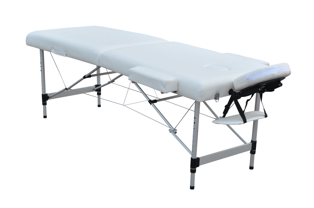 Hierontapöytä 195 x 70 cm, valkoinen – alumiinirunko, 250 kg, 7 cm pehmuste