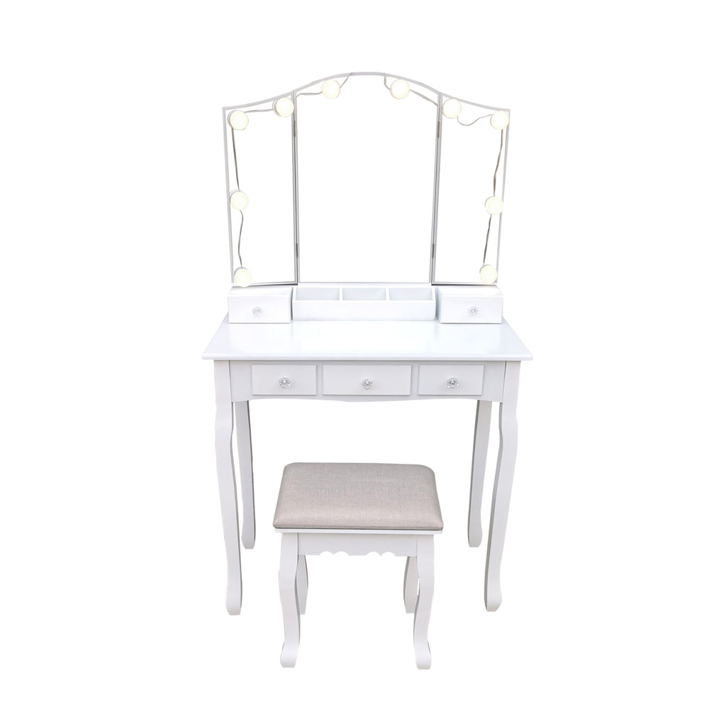 Pohjola Indoor Meikkipöytä Valoilla & jakkaralla AADA, 80 x 40 x 140 cm, Valkoinen