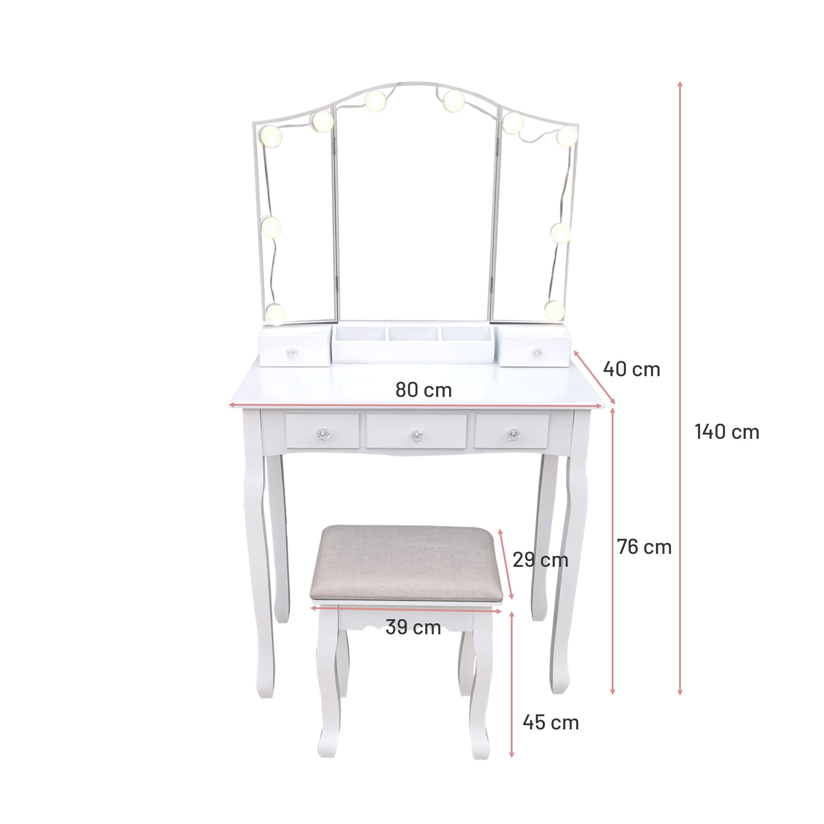 Pohjola Indoor Meikkipöytä Valoilla & jakkaralla AADA, 80 x 40 x 140 cm, Valkoinen