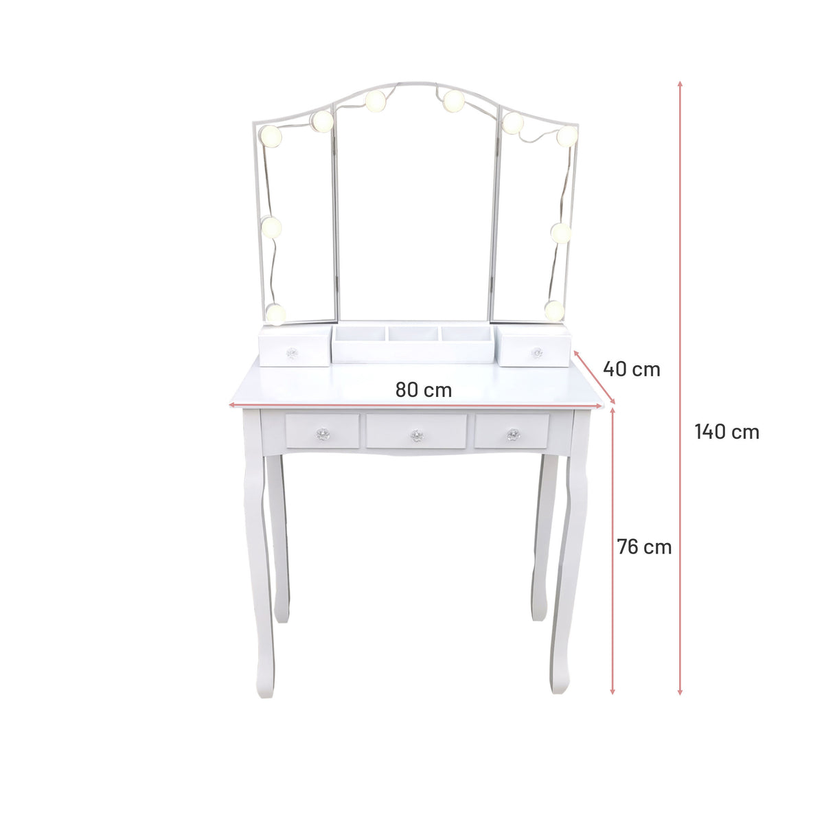 Hollywood-sminkbord 80 x 40 cm – LED-belysning, 6 lådor, USB-anslutning