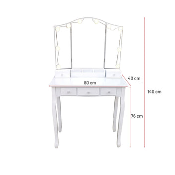 Hollywood-sminkbord 80 x 40 cm – LED-belysning, 6 lådor, USB-anslutning