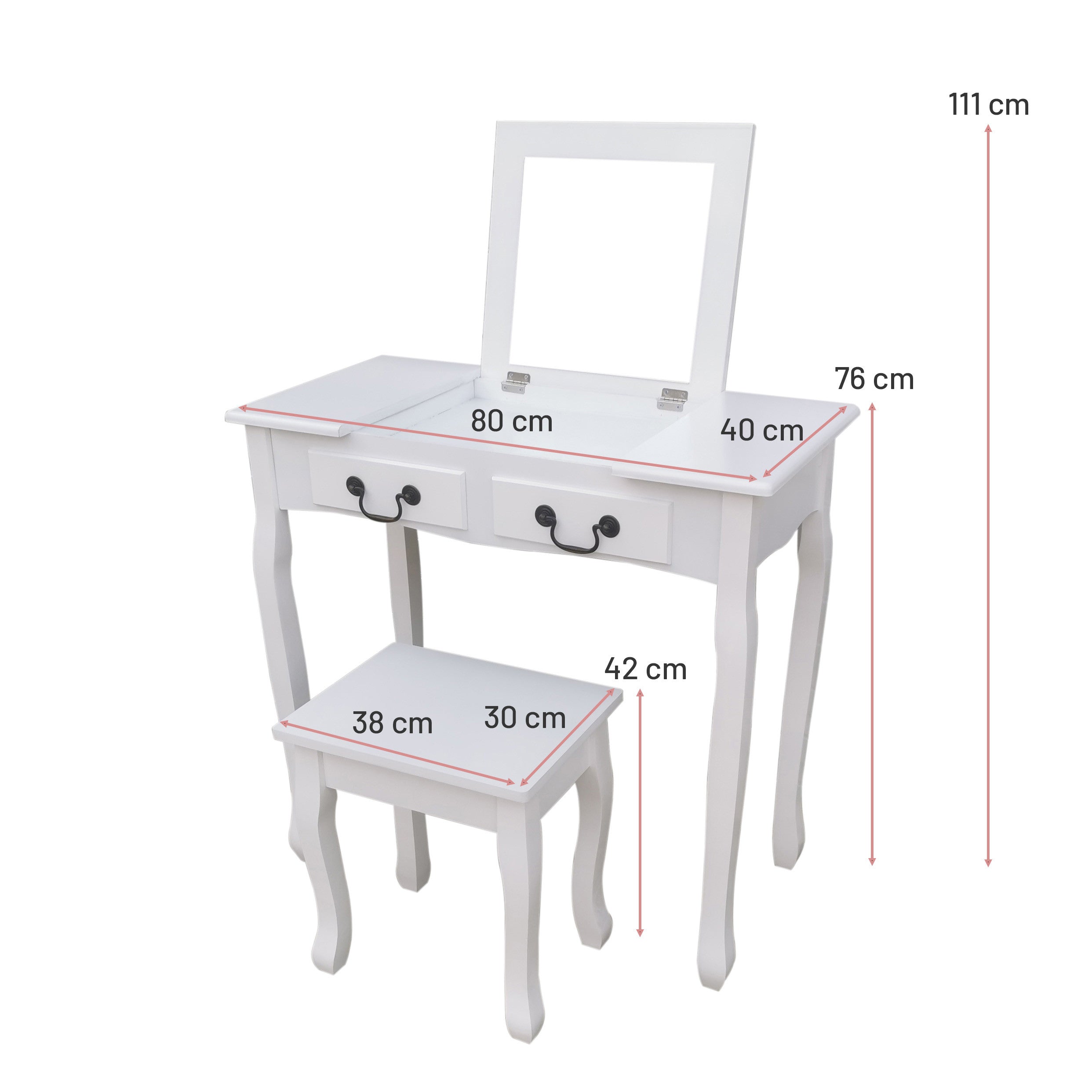 Pohjola Indoor Meikkipöytä Peilillä & jakkaralla AVIVA, 80 x 40 x 111 cm, Valkoinen