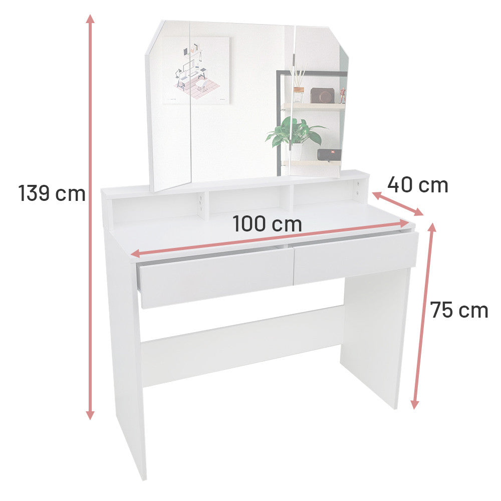 Pohjola Indoor Meikkipöytä Peilillä AINO, 100 x 40 x 139 cm, Valkoinen