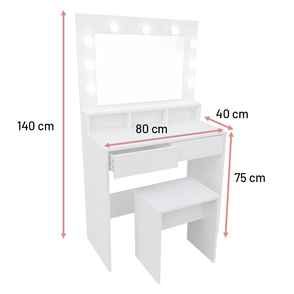 Pohjola Indoor Hollywood Meikkipöytä Peilillä & jakkaralla LILJA, 80 x 40 x 139 cm, Valkoinen