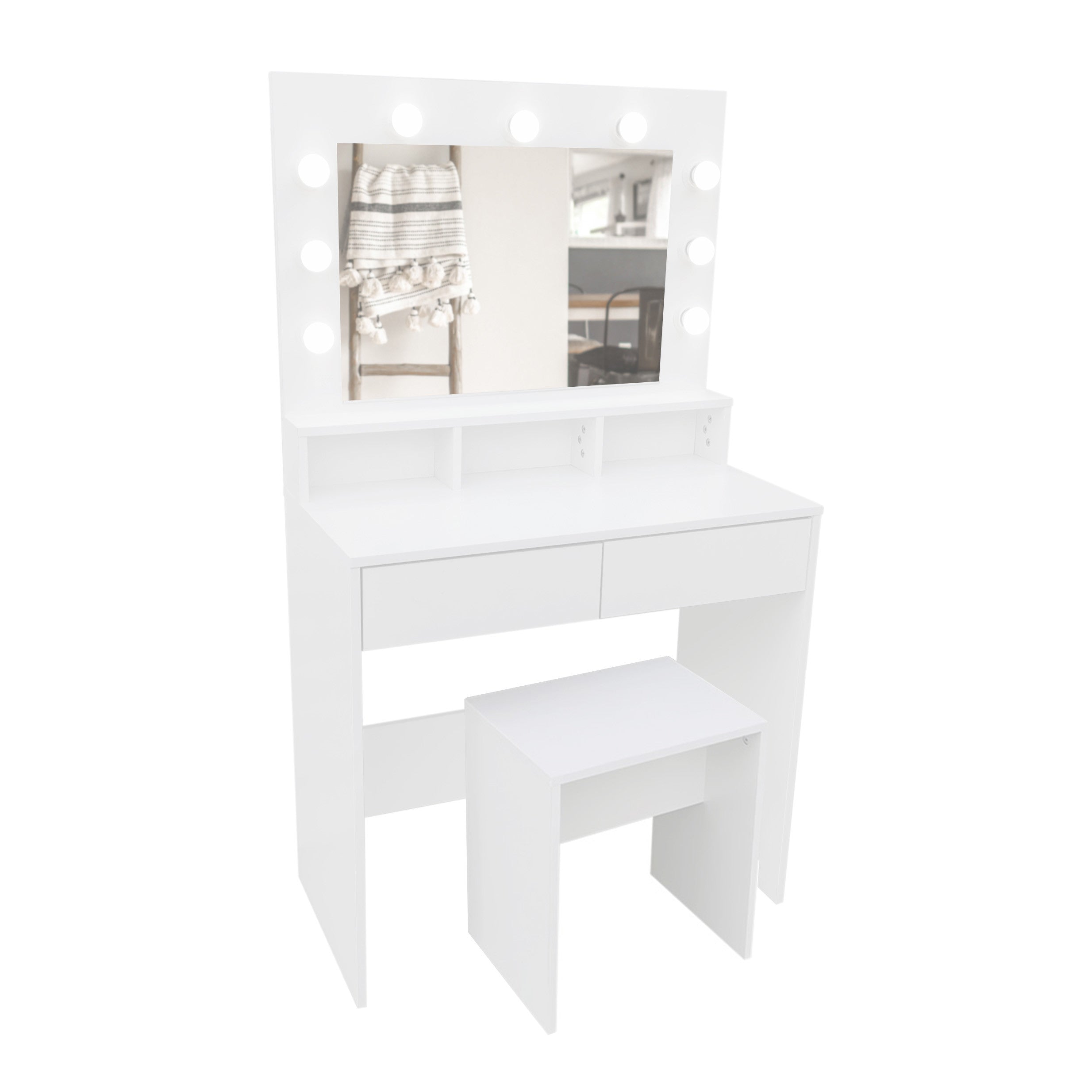 Pohjola Indoor Hollywood Meikkipöytä Peilillä & jakkaralla LILJA, 80 x 40 x 139 cm, Valkoinen