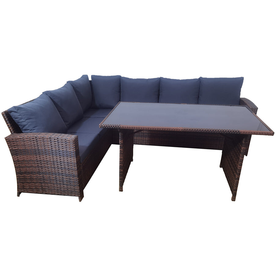 Polyrottinki ulkosohvaryhmä 5–6 hengelle – pöytä 130 x 75 cm, 7 cm pehmusteet, ruskea/harmaa