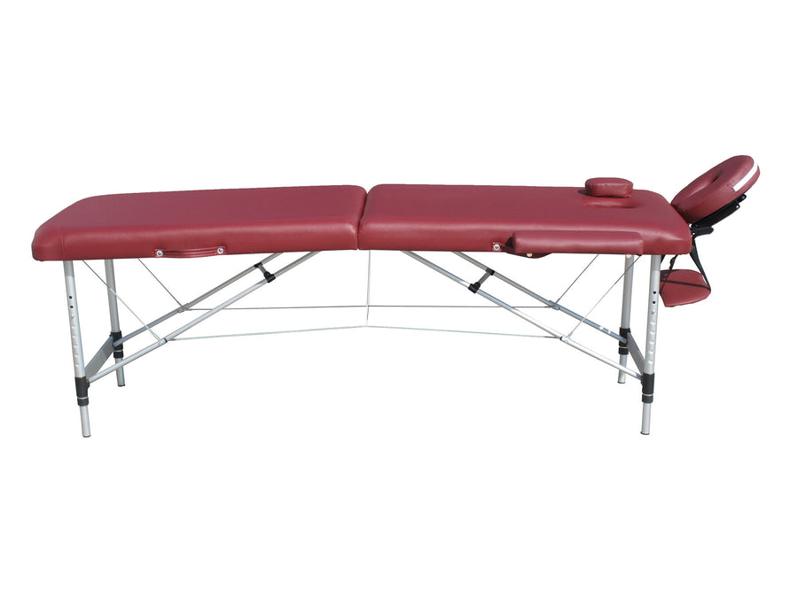Massagebänk 195 x 70 cm – 2 zoner, 225 kg, aluminiumram, vinröd