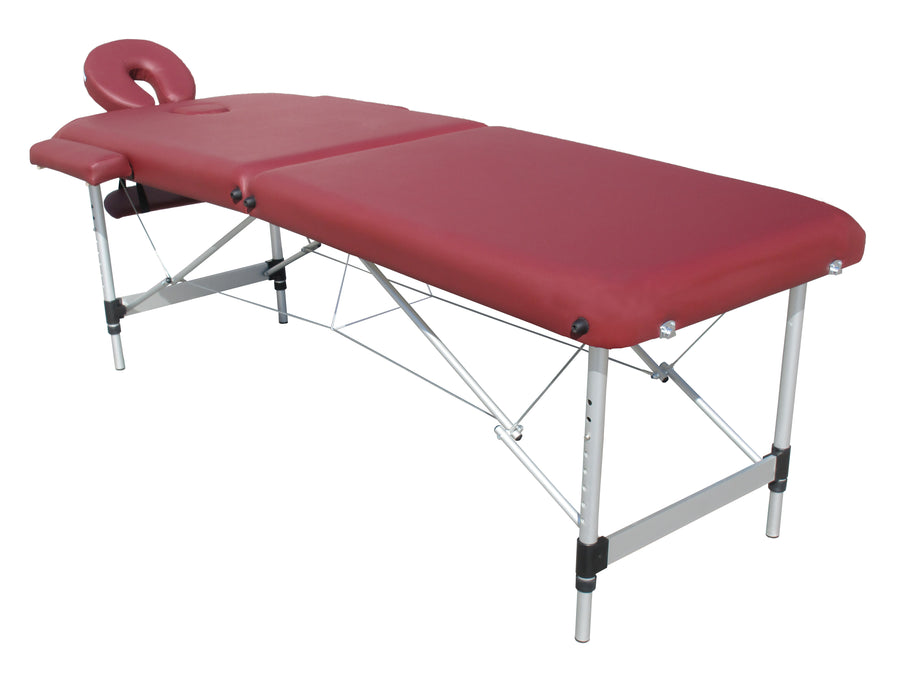Massagebänk 195 x 70 cm – 2 zoner, 225 kg, aluminiumram, vinröd