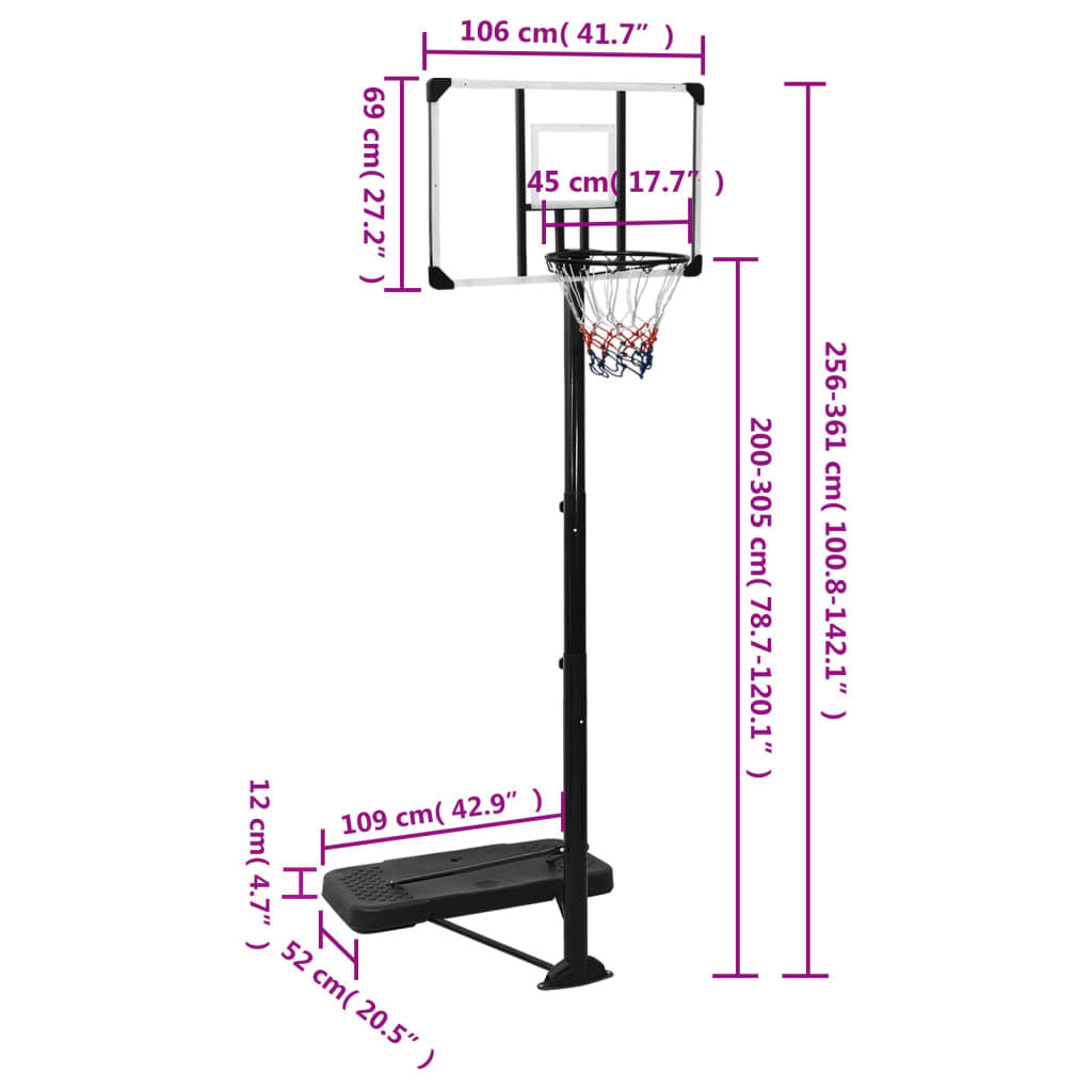 Säädettävä Koripalloteline, 256-361cm, Läpinäkyvä Polykarbonaatti