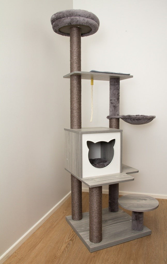 Smart kattklätterträd, grått, 3 sängar och bo, 164 cm