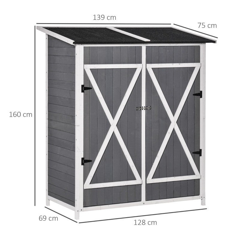 trädgårdsskjul 2 dörrar asfalttak trädgårdsförråd gran grå+vit 139 x 75 x 160 cm