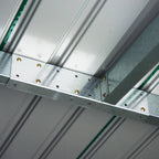 vaja, työkaluvaja liukuovella, ikkunalla, yksipuolisella harjakatolla, teräs, tummanvihreä, 280 x 130 x 172 cm.