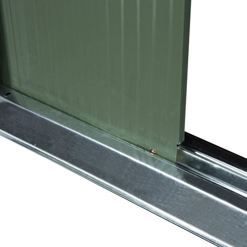 vaja, liukuovi, tuuletusikkuna, yksipuolinen harjakatto, ulkokäyttöön, teräs, vaaleanvihreä, 280 x 130 x 172 cm.