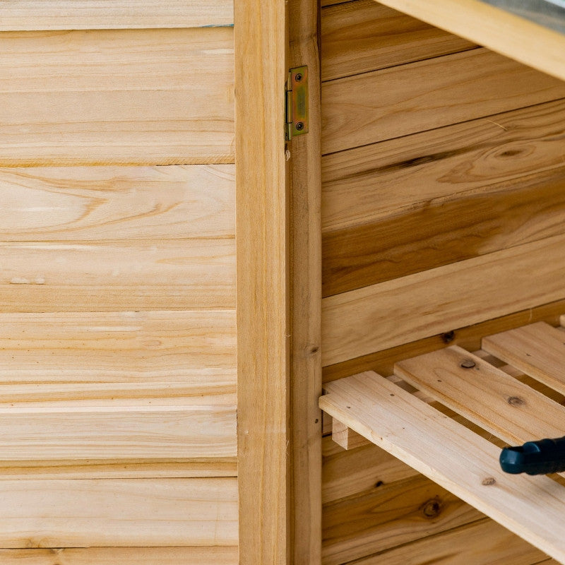 puutarhakaappi, 2 lokeroa, metallinen työtaso jalustalla, luonnonpuuta, 83 x 40 x 92 cm.