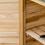 puutarhakaappi, 2 lokeroa, metallinen työtaso jalustalla, luonnonpuuta, 83 x 40 x 92 cm.