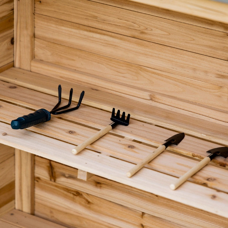 puutarhakaappi, 2 lokeroa, metallinen työtaso jalustalla, luonnonpuuta, 83 x 40 x 92 cm.