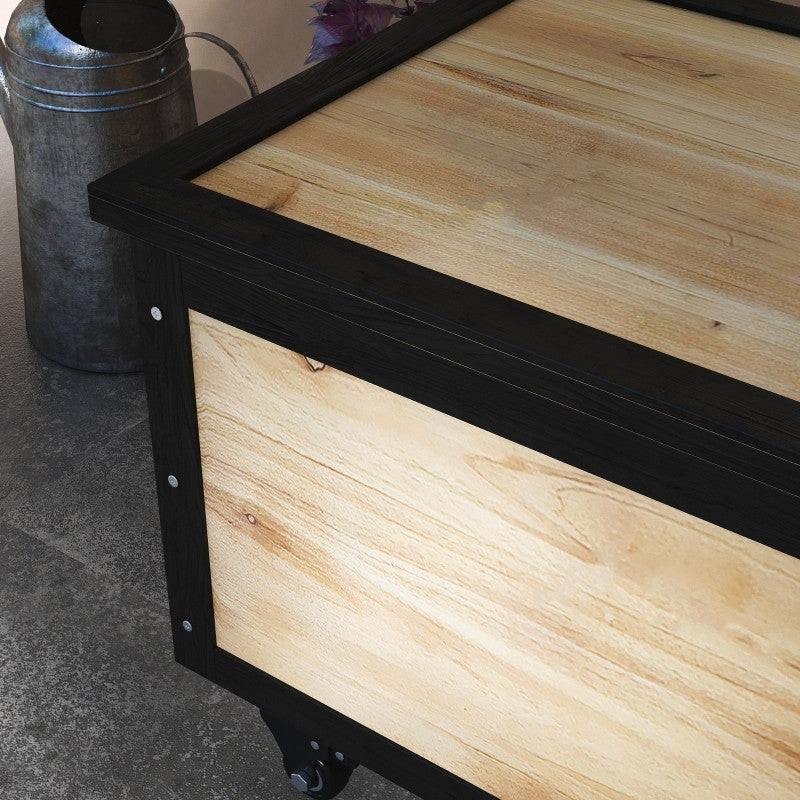 puutarhan säilytyslaatikko, 121 litraa, 2 pyörää, säänkestävä, metallirunko, luonnonpuu, 100x50x43 cm.